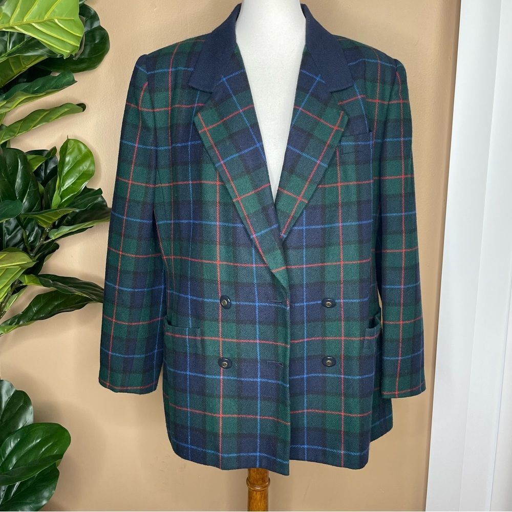 Le Suit Plaid Double Breasted Wool Blend Blazer Size 16